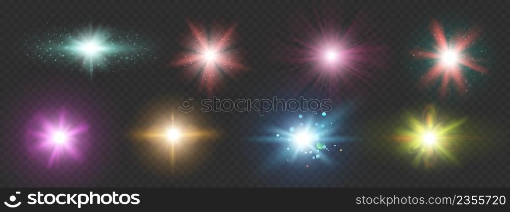 Realistic camera lens flare, sparkle optical effect. Sun light flash on photography. Glow reflex, solar glare with ray and bokeh vector set. Colorful bright burst, blurred stars isolated. Realistic camera lens flare, sparkle optical effect. Sun light flash on photography. Glow reflex, solar glare with ray and bokeh vector set