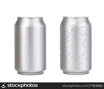 Realistic can with water drops, silver beer, soda, lemonade, juice or coffee and energy drink can, vector mockup. Aluminium can with water drops or aluminum tin bottle of beverage, isolated 3d object. Realistic can with water drops, silver beer, soda