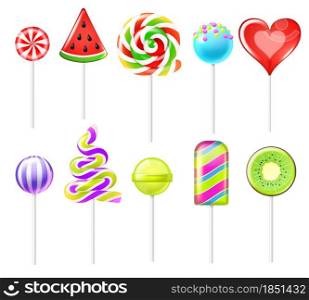 Realistic candies lollipops. 3D sweet colourful fruit caramels on sticks different types, christmas cane, round spiral, red heart, kiwi and watermelon isolated objects, kids sugar products vector set. Realistic candies lollipops. 3D sweet colourful fruit caramels on sticks different types, christmas cane, round spiral, red heart, kiwi and watermelon isolated objects, kids sugar vector set