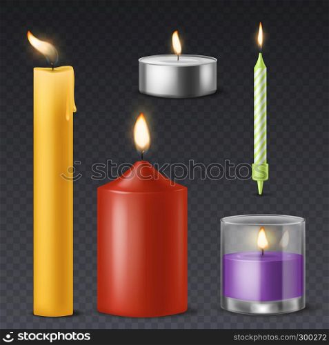 Realistic candle. Candlelight romantic birthday holiday wax burning 3d candles warm fire dinner celebration symbol isolated vector set. Realistic candle. Candlelight romantic birthday holiday wax burning 3d candles warm fire dinner celebration symbol