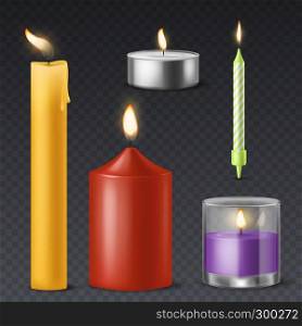 Realistic candle. Candlelight romantic birthday holiday wax burning 3d candles warm fire dinner celebration symbol isolated vector set. Realistic candle. Candlelight romantic birthday holiday wax burning 3d candles warm fire dinner celebration symbol