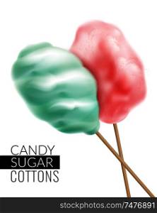 Realistic candy sugar cottons background with text and images of colourful candyfloss products on blank background vector illustration