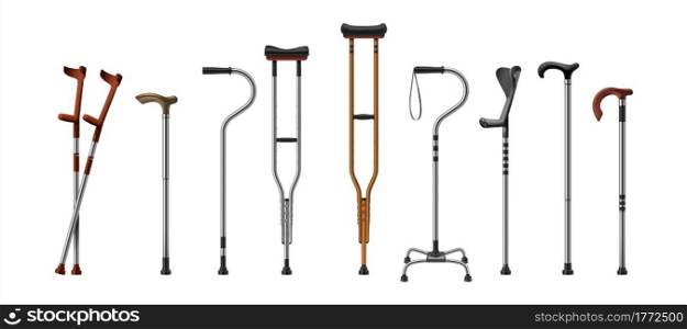 Realistic canes. 3D walking sticks and crutches. Isolated medical supplies for old or injured persons. Equipment for recovery and rehabilitation after accident. Vector stainless steel accessories set. Realistic canes. 3D walking sticks and crutches. Medical supplies for old or injured persons. Equipment for recovery and rehabilitation after accident. Vector steel accessories set