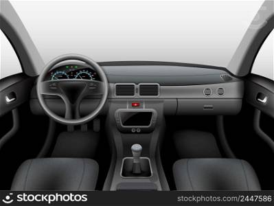 Realistic car dark interior with dashboard windshield and steering wheel vector illustration. Car Interior Dark