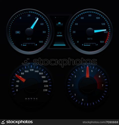 Realistic car dashboard speedometers with dial meter. Rapid symbols vector set. Illustration of dashboard with speedometer panel. Realistic car dashboard speedometers with dial meter. Rapid symbols vector set