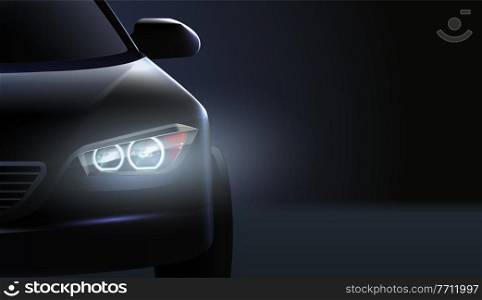 Realistic car headlights AD composition high class status car in the dark vector illustration. Car Headlights Ad Composition