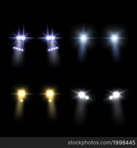 Realistic car headlights. Bright round cars headlight, front light flares and blur shadows effect. Automobile glow beams in night, driving transport in dark. Vector isolated on black background set. Realistic car headlights. Bright round cars headlight, front light flares and blur shadows effect. Automobile glow beams in night, driving transport in dark. Vector isolated set