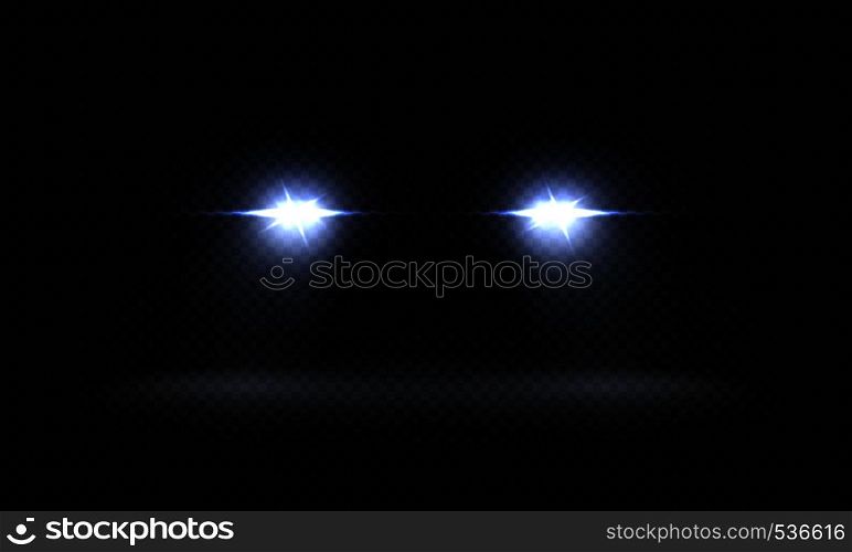 Realistic car headlights. Train front light beams, transparent bright glowing light rays, night road light effects. Vector 3d led lights. Realistic car headlights. Train front light beams, transparent bright glowing light rays, night road light effects. Vector 3d lights