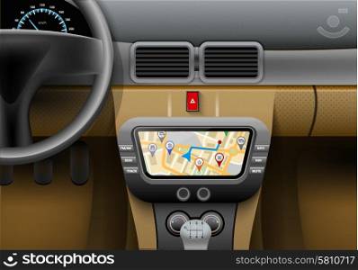 Realistic car interior with auto navigation system and gps map vector illustration. Car Navigation Syster