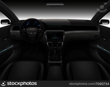 Realistic car interior with rudder, dashboard front panel and auto windshield vector illustration. Automobile interior, wind shield and dashboard. Realistic car interior with rudder, dashboard front panel and auto windshield vector illustration