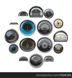 Realistic car speedometers icons set. Universal car speedometers icons to use for web and mobile UI, set of basic car speedometers elements isolated vector illustration. Car speedometers set, realistic style