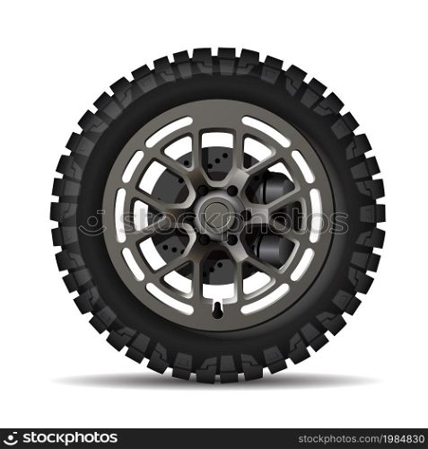 Realistic car wheel offroad metal rubber disk break on white background vector illustration.