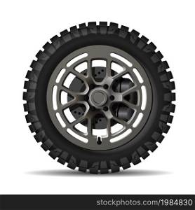 Realistic car wheel offroad metal rubber disk break on white background vector illustration.
