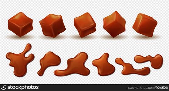 Realistic caramel. 3D milk toffee splash, drips and drops isolated confectionery, sweet candy sauce images. Vector illustration cubes toffee melt caramel flow set on transparent background. Realistic caramel. 3D milk toffee splash, drips and drops isolated confectionery, sweet candy sauce. Vector caramel flow set