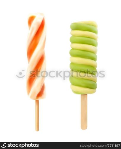 Realistic caramel ice cream on stick. Frozen orange, kiwi or mango juice, 3d realistic vector spiral popsicle ice cream or twisted lolly pop candy. Summer cold dessert with fruit juice. Spiral ice cream, frozen juice dessert or popsicle