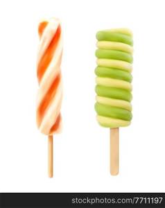 Realistic caramel ice cream on stick. Frozen orange, kiwi or mango juice, 3d realistic vector spiral popsicle ice cream or twisted lolly pop candy. Summer cold dessert with fruit juice. Spiral ice cream, frozen juice dessert or popsicle