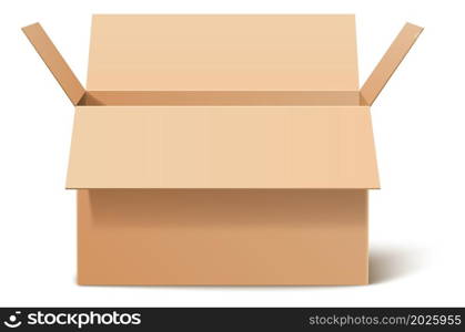 Realistic cardboard box. Side view mockup. Open empty package isolated on white background. Realistic cardboard box. Side view mockup. Open empty package