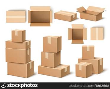 Realistic cardboard boxes. Paper parcels, post delivery opened and closed, different angles containers with tape, top and side view objects, single and objects groups stacks, vector isolated set. Realistic cardboard boxes. Paper parcels, post delivery opened and closed, different angles containers, top and side view objects, single and objects groups stacks, vector isolated set