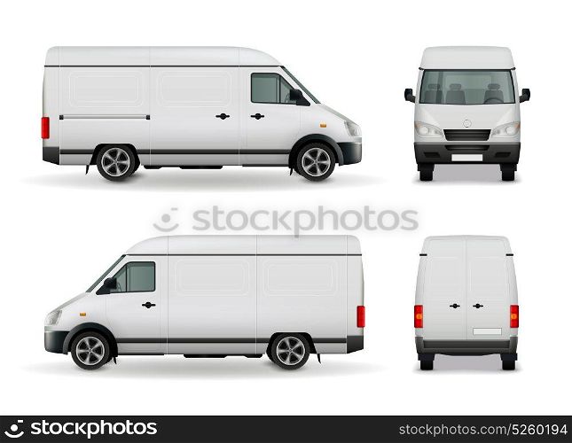 Realistic Cargo Van Advertising Mockup. Realistic white cargo van with empty surface advertising mockup side view, front and rear vector illustration