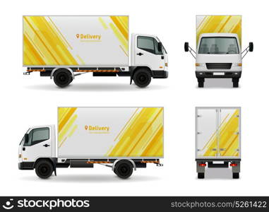 Realistic Cargo Vehicle Advertising Mockup Design. Realistic cargo vehicle advertising mockup design in yellow white color side view, front and rear vector illustration