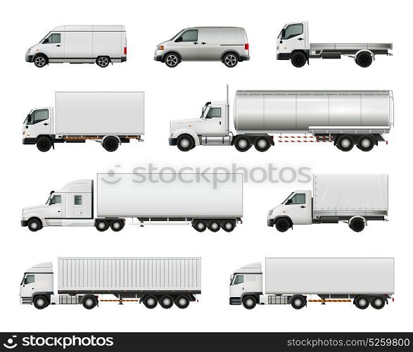 Realistic Cargo Vehicles Set. Set of realistic white cargo vehicles including heavy trucks with various trailers, lorries, vans isolated vector illustration
