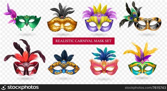 Realistic carnival mask transparent icon set with different colors styles with feathers sparkles and gemstones vector illustration