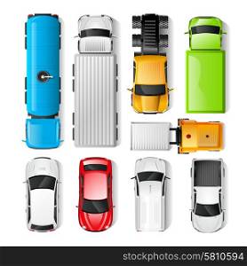 Realistic cars and trucks top view set isolated vector illustration. Cars Top View