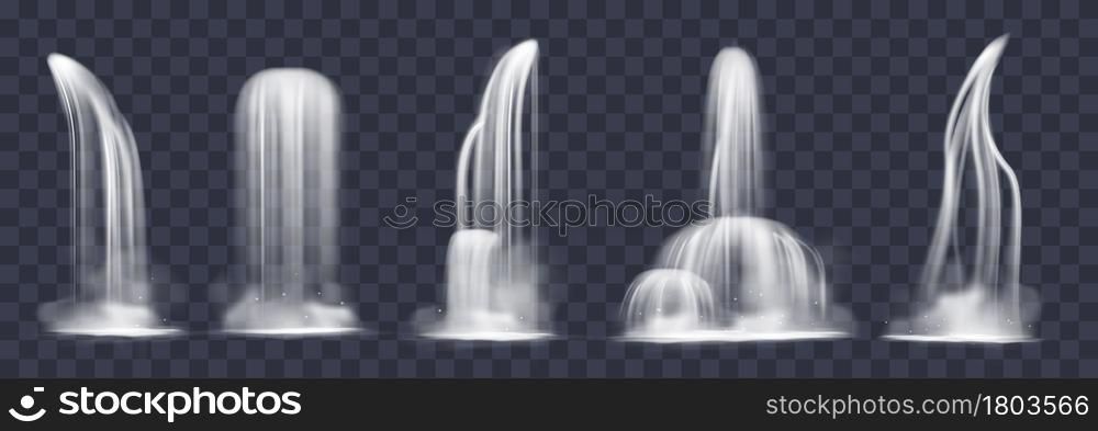 Realistic cascade waterfall. 3d liquid flowing down jets, water drop fog, mountain rivers streams and splashes, different shapes and angles view. Vector cartoon isolated on transparent background set. Realistic cascade waterfall. 3d liquid flowing down jets, water drop fog, mountain rivers streams and splashes, different shapes and angles view. Vector cartoon isolated set