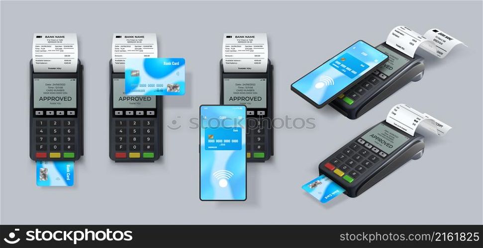 Realistic cashless payment with pos terminal, credit card and phone. Bank transaction electronic pay machine with printed receipt vector set. Device with paper bills, wireless paying. Realistic cashless payment with pos terminal, credit card and phone. Bank transaction electronic pay machine with printed receipt vector set