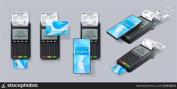 Realistic cashless payment with pos terminal, credit card and phone. Bank transaction electronic pay machine with printed receipt vector set. Device with paper bills, wireless paying. Realistic cashless payment with pos terminal, credit card and phone. Bank transaction electronic pay machine with printed receipt vector set