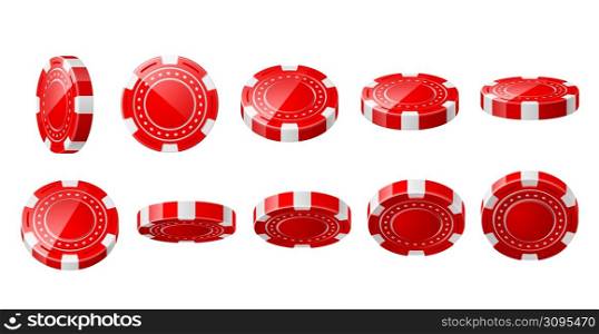 Realistic casino chips. Red 3D gambling tokens. Different view angles. Jackpot and win bets. Isolated gaming coins for playing roulette or poker. Vector fortune games plastic blank accessories set. Realistic casino chips. Red 3D gambling tokens. Different view angles. Jackpot and win bets. Gaming coins for playing roulette or poker. Vector fortune games plastic accessories set