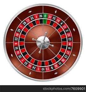 Realistic casino gambling roulette wheel. Equipment for the money games.. Realistic casino gambling roulette wheel.