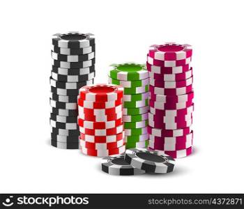 Realistic casino poker coins, gambling game chips stack. Roulette plastic token pile. Heaps of gamble chip. Casino win money vector concept. Illustration of game stack for casino. Realistic casino poker coins, gambling game chips stack. Roulette plastic token pile. Heaps of gamble chip. Casino win money vector concept
