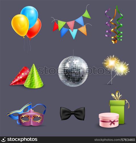 Realistic celebration icons set with balloons party ball and holiday gift boxes isolated vector illustration. Realistic Celebration Icons