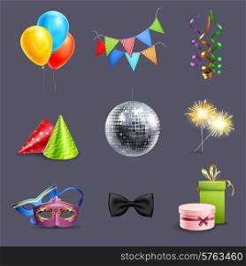 Realistic celebration icons set with balloons party ball and holiday gift boxes isolated vector illustration. Realistic Celebration Icons