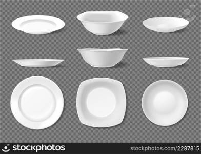 Realistic ceramic plates, empty white dishes top and side view. Porcelain plate and bowl, kitchen crockery, ceramic dinnerware vector set. Illustration of empty porcelain clean. Realistic ceramic plates, empty white dishes top and side view. Porcelain plate and bowl, kitchen crockery, ceramic dinnerware vector set