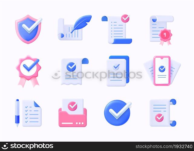 Realistic check icons. 3D plastic approve symbol and quality guarantee certificate. Document agreeing and signing offer. Isolated emblems mockup with checkmarks and paper sheets. Vector signs set. Realistic check icons. 3D plastic approve symbol and quality guarantee certificate. Document agreeing and signing offer. Emblems mockup with checkmarks and papers. Vector signs set