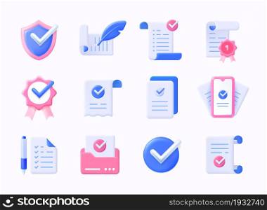 Realistic check icons. 3D plastic approve symbol and quality guarantee certificate. Document agreeing and signing offer. Isolated emblems mockup with checkmarks and paper sheets. Vector signs set. Realistic check icons. 3D plastic approve symbol and quality guarantee certificate. Document agreeing and signing offer. Emblems mockup with checkmarks and papers. Vector signs set