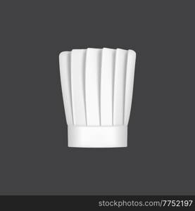 Realistic chef hat, cook cap and baker toque. 3d white chef hat. Vector kitchen headwear with tall folded crown, cotton uniform, costume for culinary staff, isolated head wear for restaurant kitchener. Realistic chef hat, cook cap or baker toque