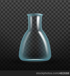Realistic Chemical Laboratory Test Tube Vector. Tube Erlenmeyer Flask Have Wide Bases, With Sides That Taper Upward To Short Vertical Neck Isolated On Transparency Grid Background. 3d Illustration. Realistic Chemical Laboratory Test Tube Vector