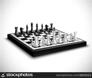 Realistic chess board with 3d black and white figures set vector illustration. Realistic Chess Board Illustration