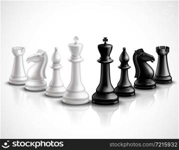 Realistic chess game pieces 3d icons set with reflection vector illustration. Chess Pieces Illustration