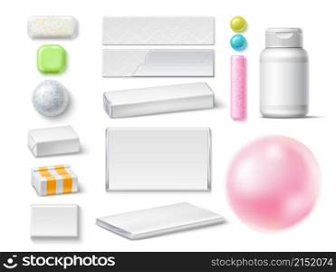 Realistic chewing gum. Different types bubblegum. Chewy refreshing pads or plates. Isolated mint balls and bars for teeth hygiene. Various 3D packaging options. Jar and wrappers mockup. Vector set. Realistic chewing gum. Different types bubblegum. Chewy refreshing pads or plates. Isolated balls and bars for teeth hygiene. Various 3D packaging options. Jar and wrappers. Vector set