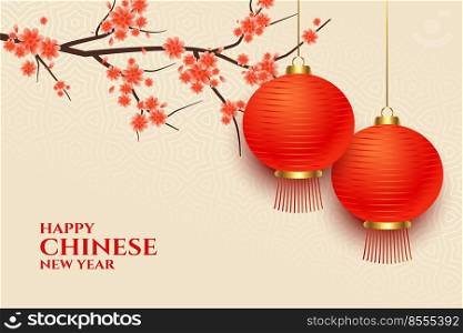 realistic chinese lantern and tree new year design