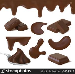 Realistic chocolate cream puddles, cocoa butter and bar pieces. Dark chocolate swirl on spoon, liquid icing border and melt drop vector set. Illustration of cream cocoa, chocolate dessert isolated. Realistic chocolate cream puddles, cocoa butter and bar pieces. Dark chocolate swirl on spoon, liquid icing border and melt drop vector set
