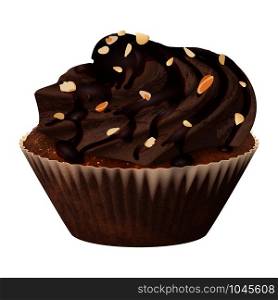Realistic chocolate cupcake, muffins with cream and nuts. 3d vector icon stock illustartion. Vector realistic chocolate cupcake, muffins with cream and nuts. 3d icon stock illustartion