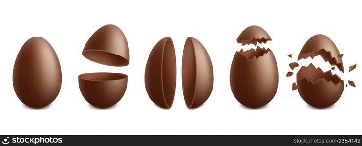 Realistic chocolate easter eggs, spring holiday surprise treat. Broken eggshell egg, holiday choco sweets vector symbols set. Cracked easter eggs. Illustration of egg easter, spring chocolate isolated. Realistic chocolate easter eggs, spring holiday surprise treat. Broken eggshell egg, holiday choco sweets vector symbols set. Cracked easter eggs