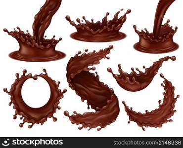Realistic chocolate frosting splashes, streams and hot dark chocolate swirls. Delicious desserts dynamic splashes and drops vector illustration set. Liquid chocolate splashes sweet drop. Realistic chocolate frosting splashes, streams and hot dark chocolate swirls. Delicious desserts dynamic splashes and drops vector illustration set. Liquid chocolate splashes