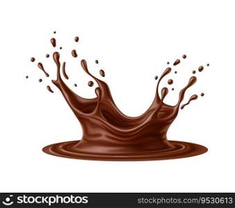 Realistic chocolate milk crown corona splash with creamy texture, vector 3d cocoa drink and food. Hot chocolate beverage, melted choco candy, cacao milk shake, sauce or syrup crown splash with drops. Realistic chocolate milk drink crown corona splash
