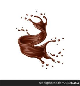 Realistic chocolate milk swirl splash wave, vector dark cocoa drink. Isolated 3d melted chocolate whirlwind with falling drops and creamy texture. Cacao milk shake, choco sauce or glaze swirl splash. Realistic chocolate milk drink swirl splash wave